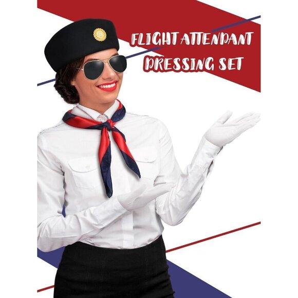Women Flight Attendant Costume Accessories Set Hat Gloves Sunglasses Scarf Stock main image 4